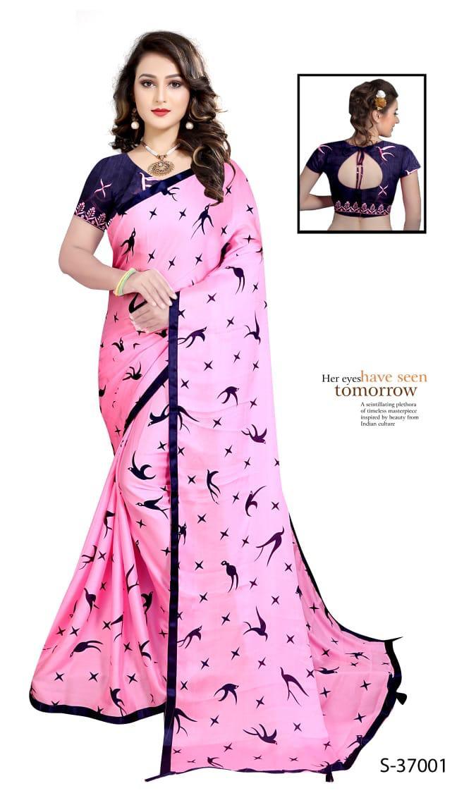 Blue Bird Saree - Silky Moss Chiffon With Printed Design And Contrast Lace Border, Attractive Tassels On Pallu - Breathable, Washable, Customized Blouse In Bangalory Silk With Embroidery And Sequence Work