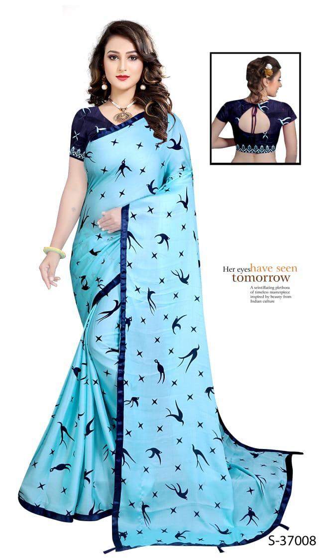 Blue Bird Saree - Silky Moss Chiffon With Printed Design And Contrast Lace Border, Attractive Tassels On Pallu - Breathable, Washable, Customized Blouse In Bangalory Silk With Embroidery And Sequence Work
