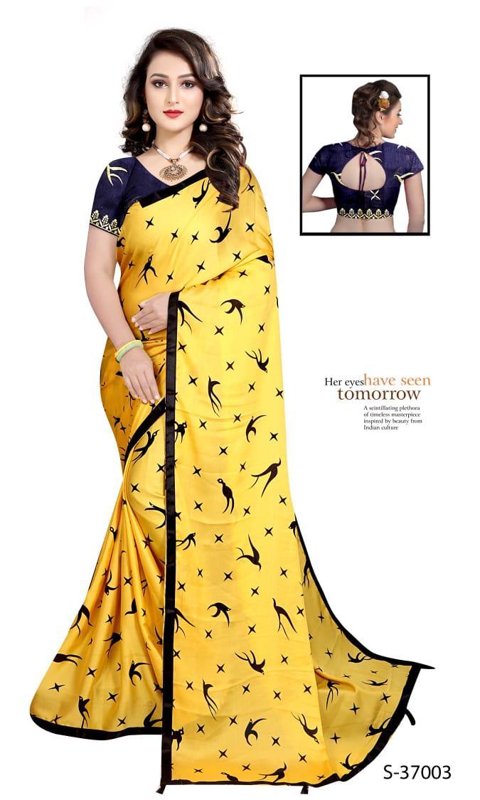Blue Bird Saree - Silky Moss Chiffon With Printed Design And Contrast Lace Border, Attractive Tassels On Pallu - Breathable, Washable, Customized Blouse In Bangalory Silk With Embroidery And Sequence Work