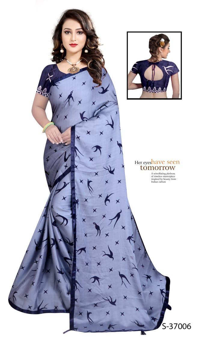 Blue Bird Saree - Silky Moss Chiffon With Printed Design And Contrast Lace Border, Attractive Tassels On Pallu - Breathable, Washable, Customized Blouse In Bangalory Silk With Embroidery And Sequence Work