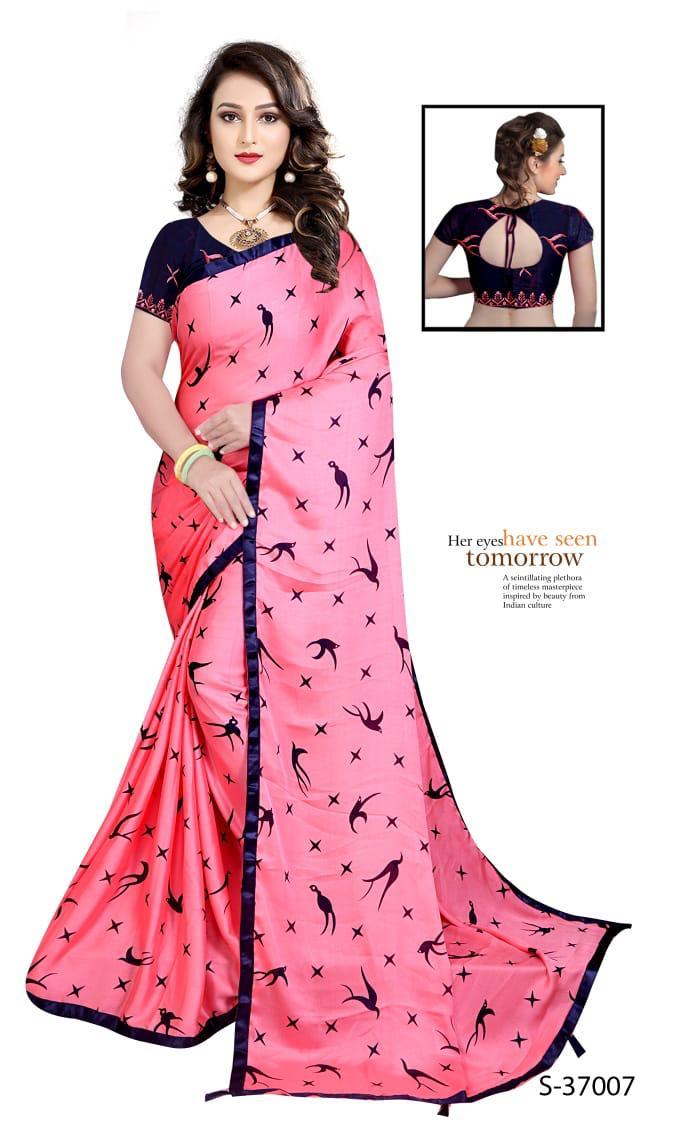 Blue Bird Saree - Silky Moss Chiffon With Printed Design And Contrast Lace Border, Attractive Tassels On Pallu - Breathable, Washable, Customized Blouse In Bangalory Silk With Embroidery And Sequence Work