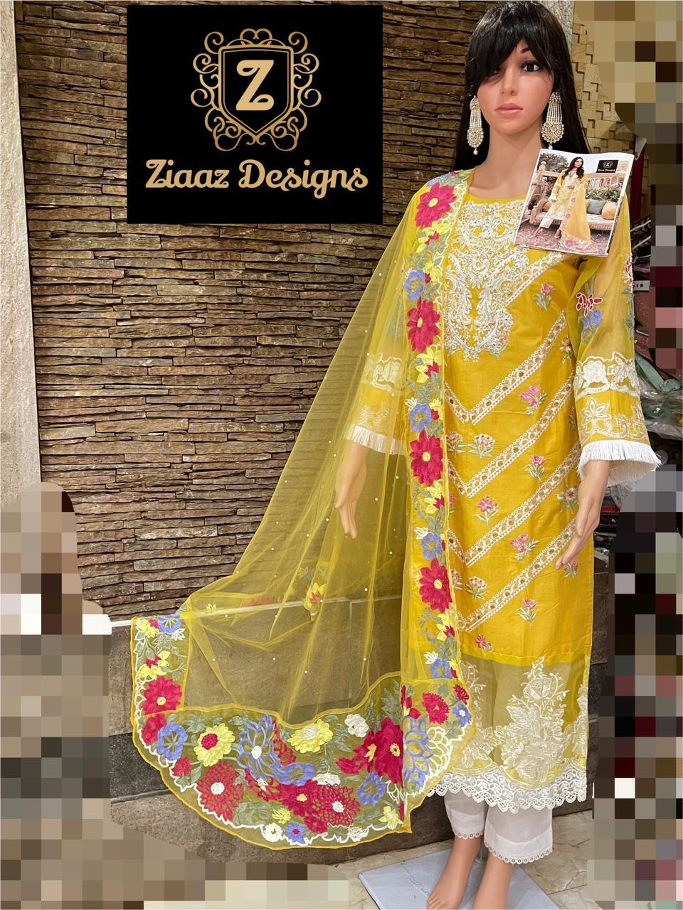 Pakistani Suits - Lawn Fabric Medium Size Knee Length Yellow Color - Floral Embroidery 3/4 Sleeve Net Dupatta