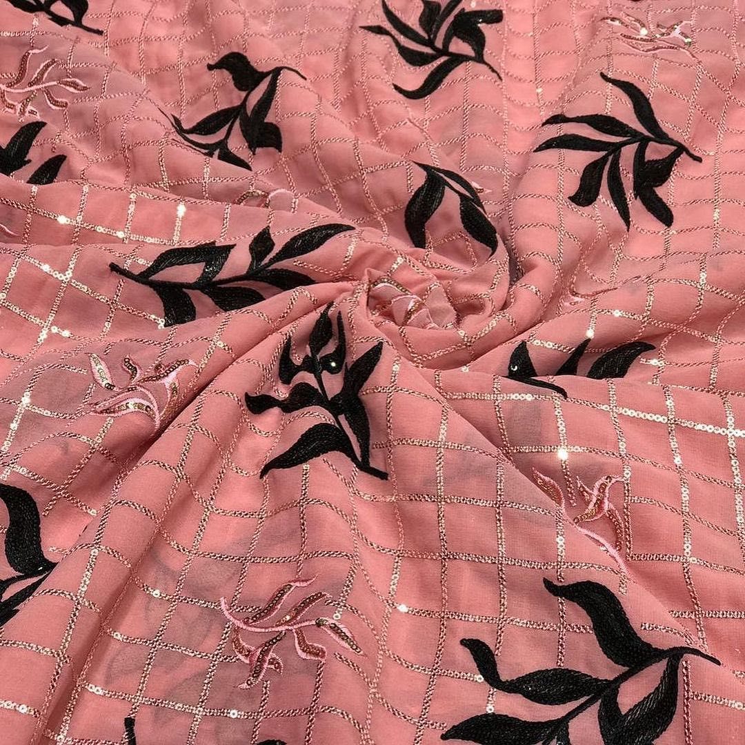 Embroidery Viscose Georgette Fabric - 44 Inch Width, Embroidered Design With Dark Coloured Thread & Golden Sequence Work | Exceptionally Soft, Washable, Available In Various Colors