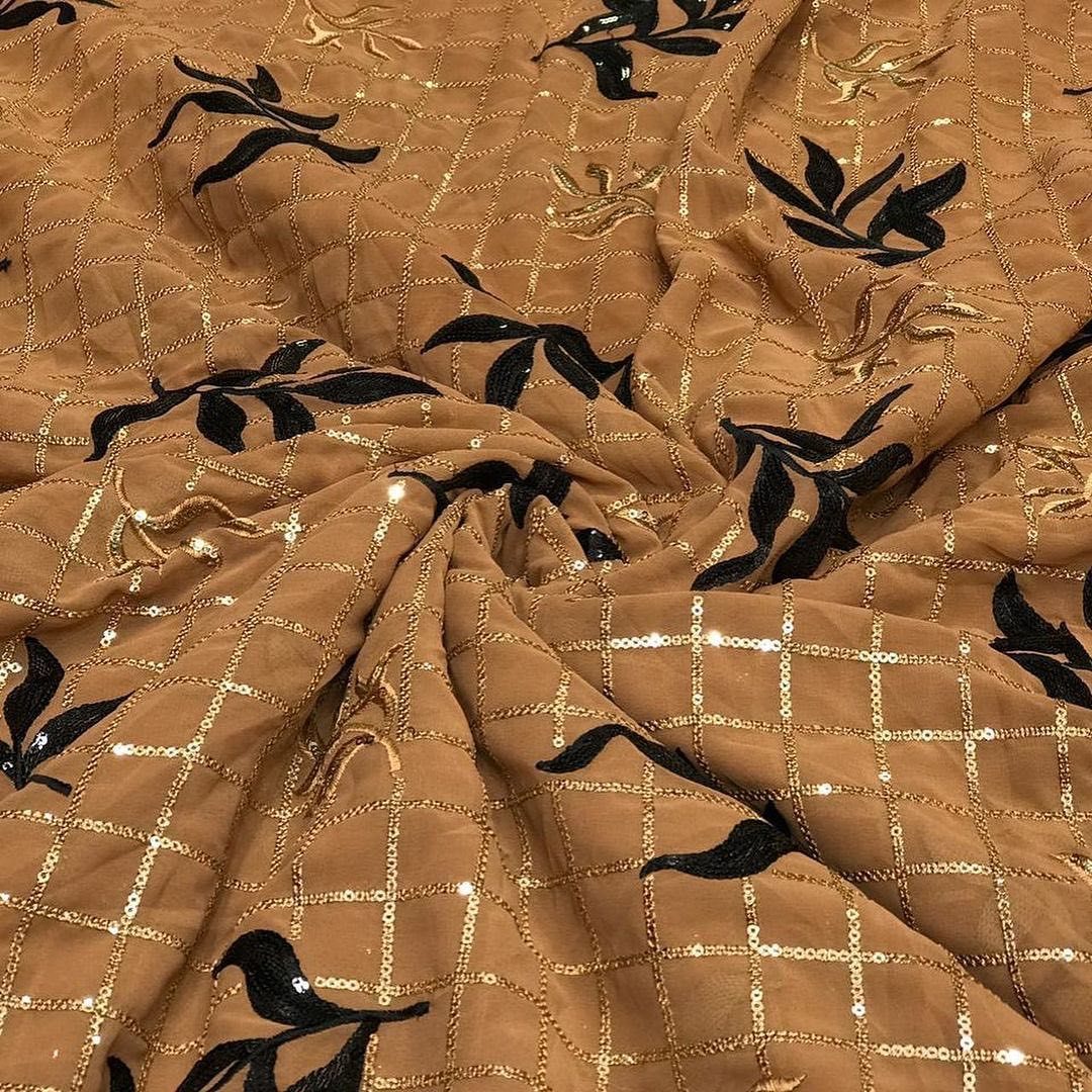 Embroidery Viscose Georgette Fabric - 44 Inch Width, Embroidered Design With Dark Coloured Thread & Golden Sequence Work | Exceptionally Soft, Washable, Available In Various Colors