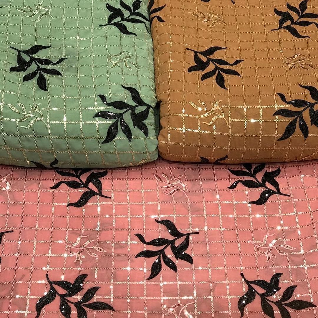 Embroidery Viscose Georgette Fabric - 44 Inch Width, Embroidered Design With Dark Coloured Thread & Golden Sequence Work | Exceptionally Soft, Washable, Available In Various Colors