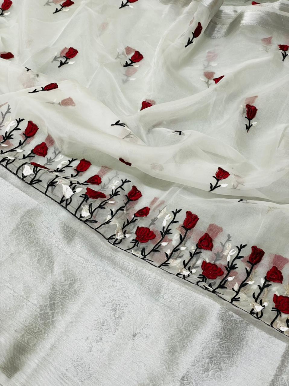 Organza Weaving Border Silk Saree - Silver Border With Embroidery Work, Super Silver Zari On Pallu And Border, Banglori Sattin Blouse - Perfect For Party Wear In All Seasons