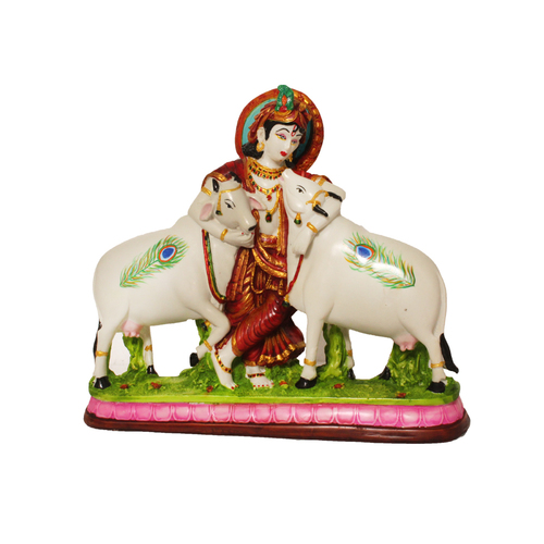 Painting Polyresin Krishna Statue With Cow