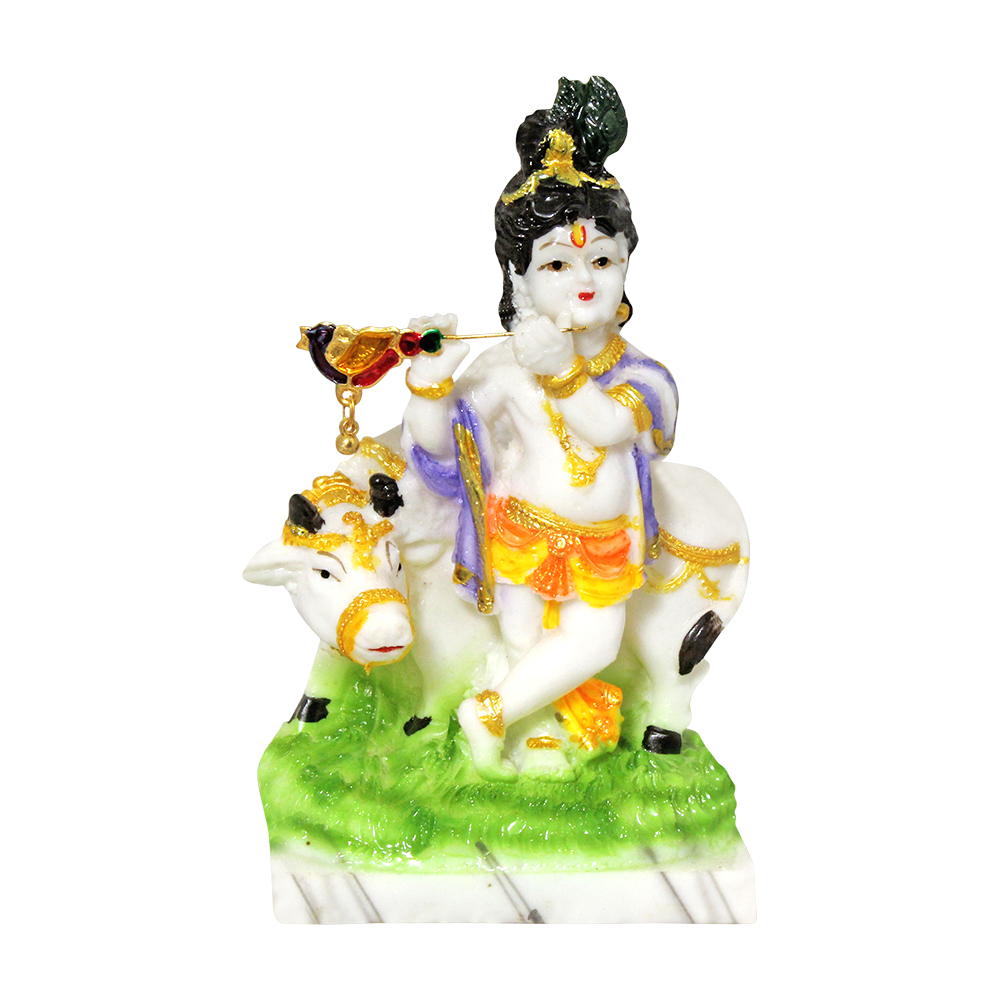 Painting Polyresin Krishna Statue With Cow