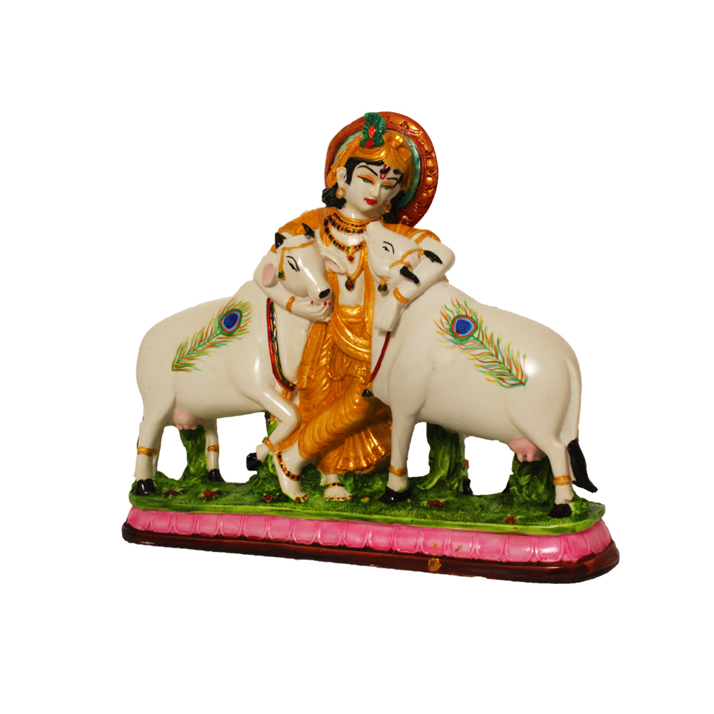 Painting Polyresin Krishna Statue With Cow