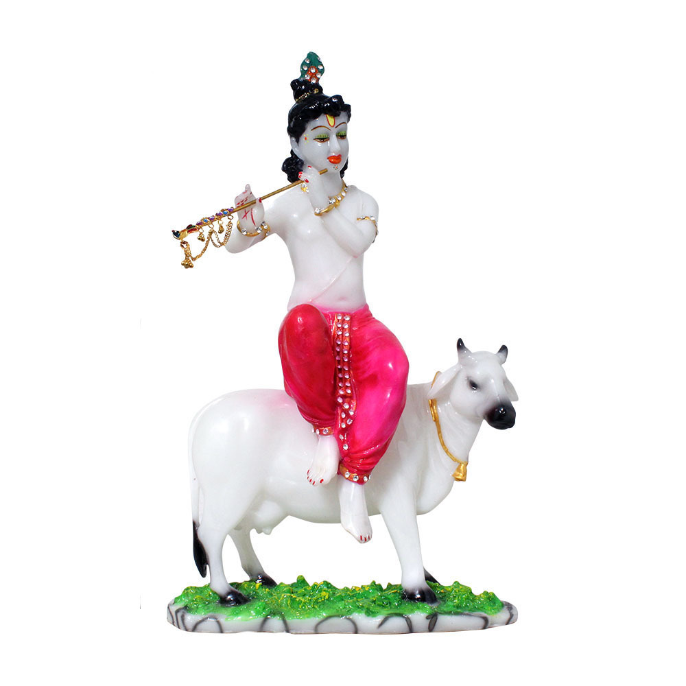 Painting Polyresin Krishna Statue With Cow