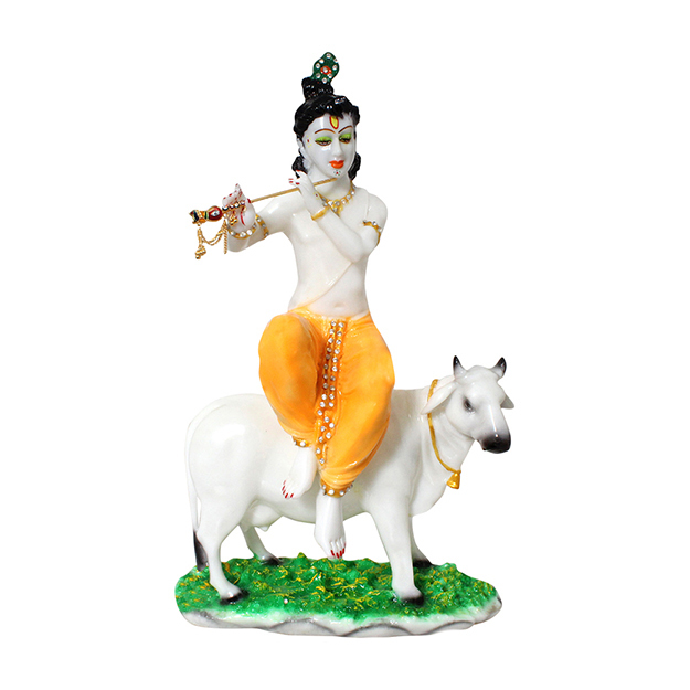 Painting Polyresin Krishna Statue With Cow
