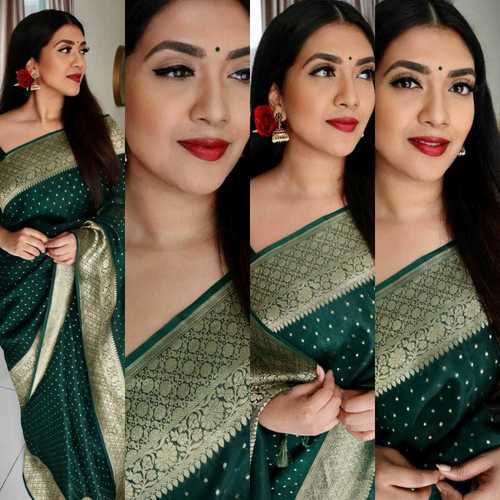 Kanjivaram Silk Saree - Soft Traditional Fabric, Elegant Bottle Green with Violate Border, Intricate Heavy Weaving Blouse