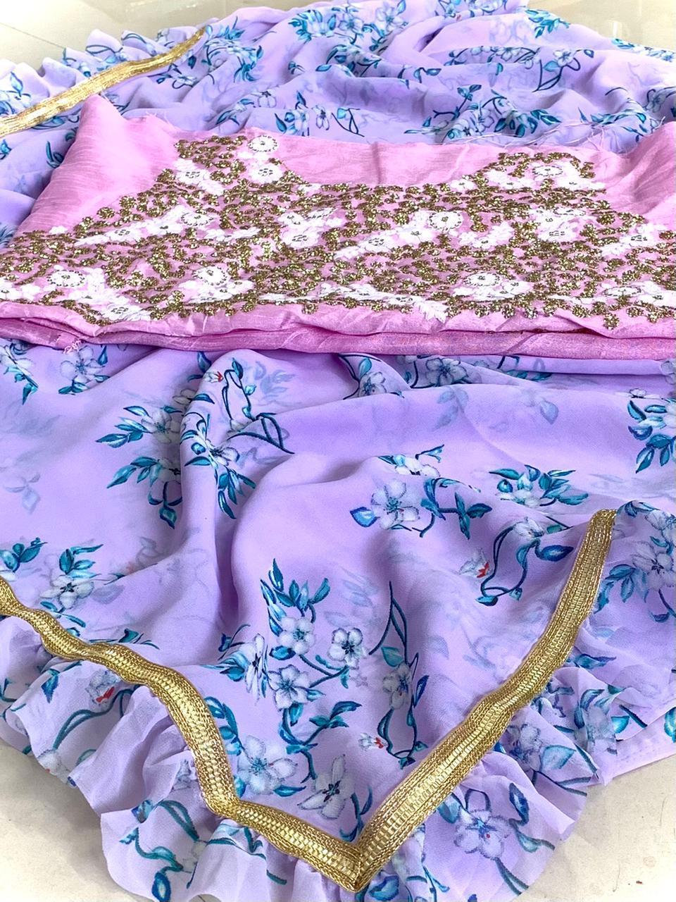 Floral Designer Saree - Premium Royal Georgette With Lace Border, Fully Embroidered Blouse, Ideal For Bridal Occasions In Rainy, Spring, Summer, And Winter