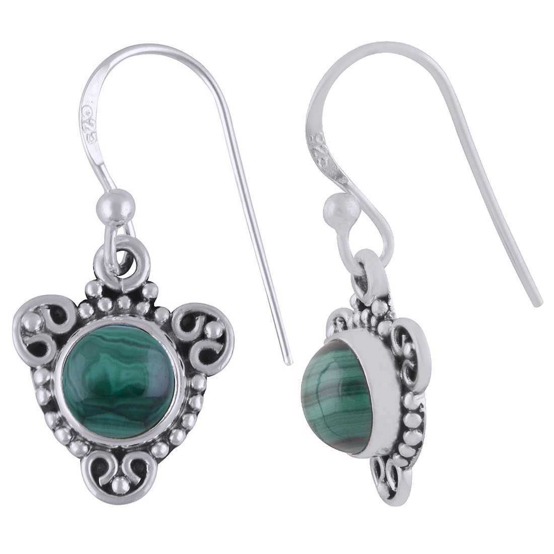 Malachite Natural Gemstone 925 Sterling Solid Silver Round Cabochon Handmade Earrings Size: Length: 27 Mm X Width: 13 Mm
