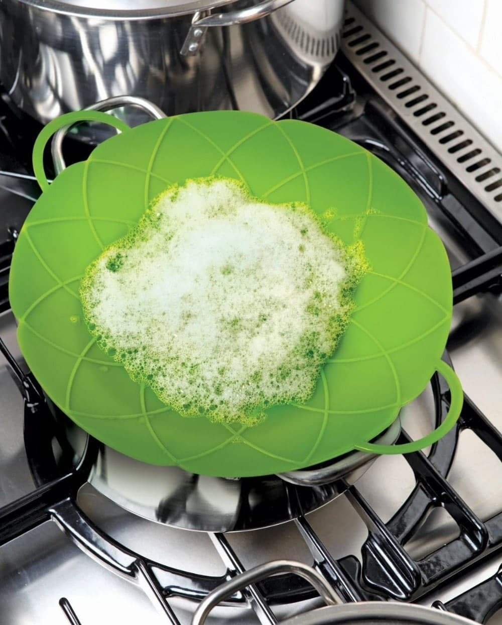 Silicon Spill Stopper - Silicone, 10 Inch, Green | Vented Lid, Heat Resistant, Non-stick, Flexible, Dishwasher Safe