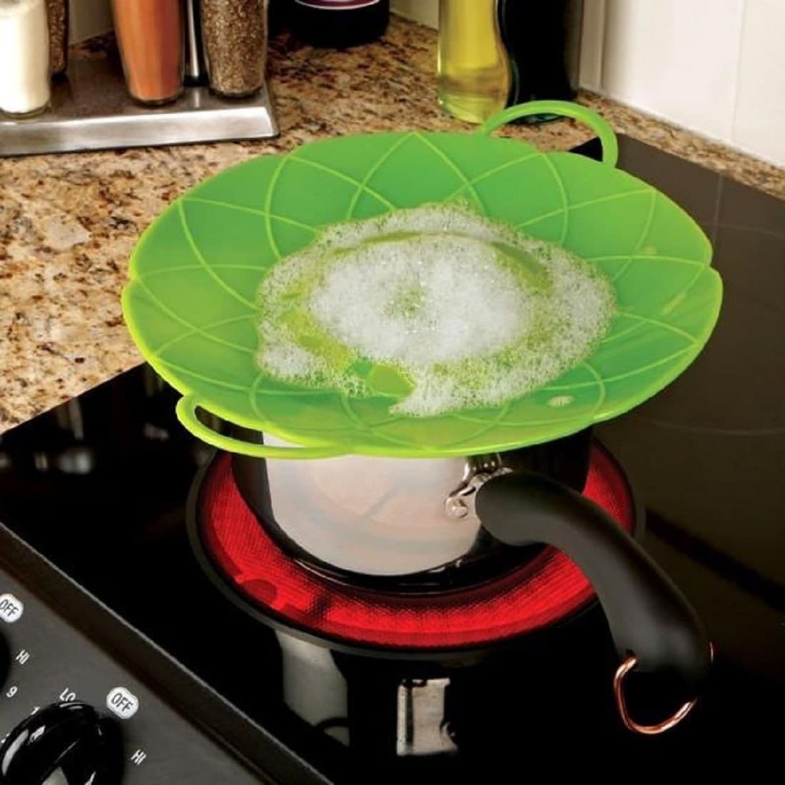 Silicon Spill Stopper - Silicone, 10 Inch, Green | Vented Lid, Heat Resistant, Non-stick, Flexible, Dishwasher Safe