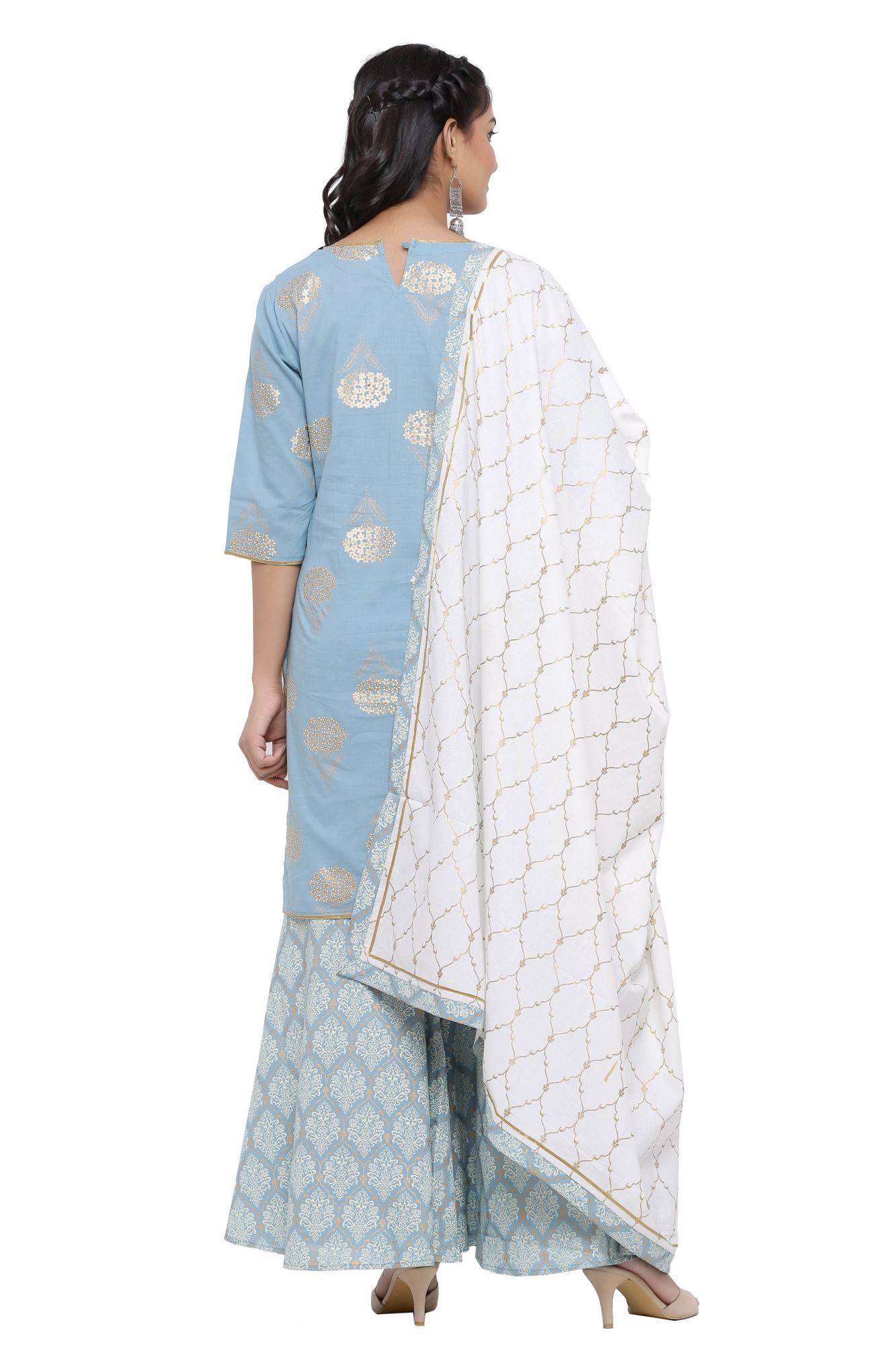 Straight Kurta And Plazo - Cotton, Customized Sizes S-xxl, Sky Color, Full Sleeves | Washable, Printed Design, Ethnic Pakistani Style, Suitable For All Seasons