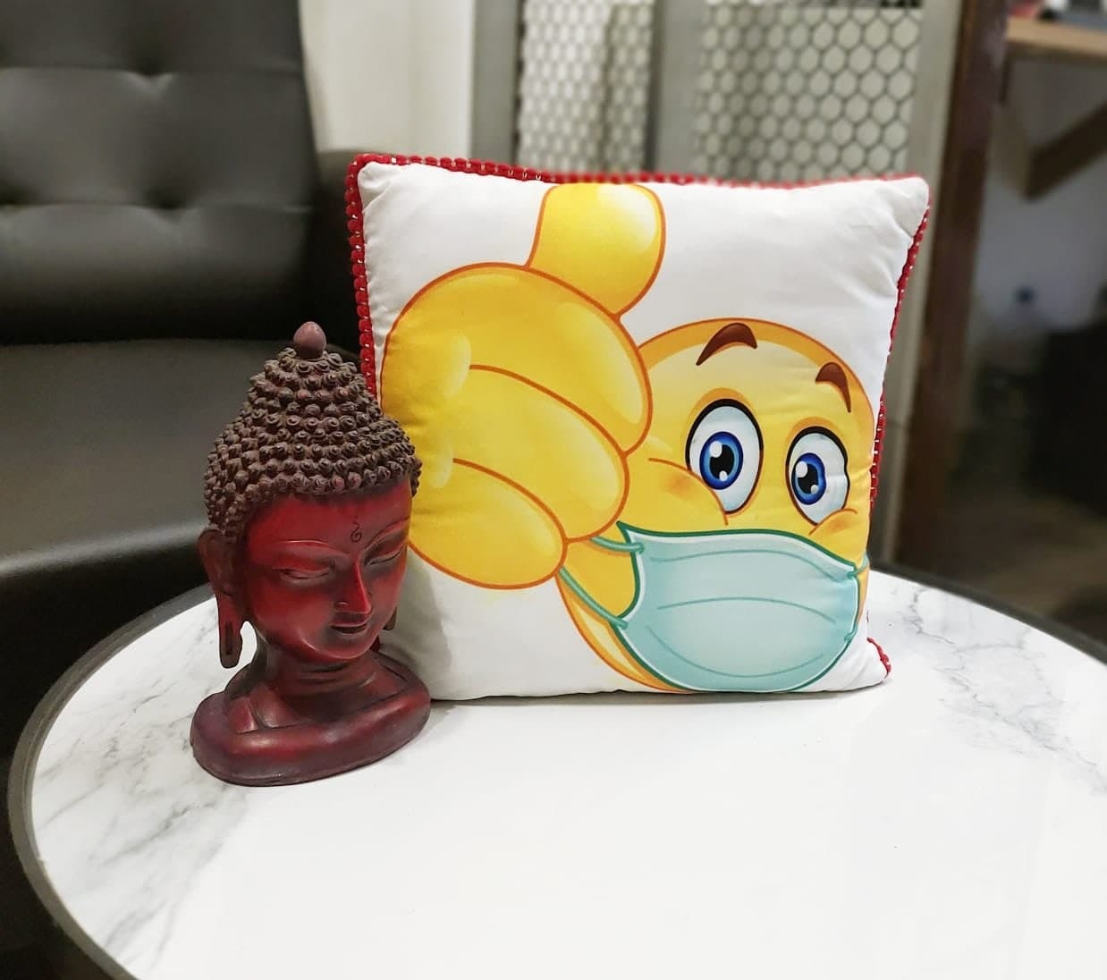 Mask Emoji Printed Cushion Cover With Filler Size 30*30cms