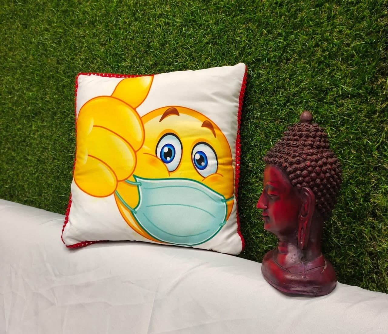 Mask Emoji Printed Cushion Cover With Filler Size 30*30cms