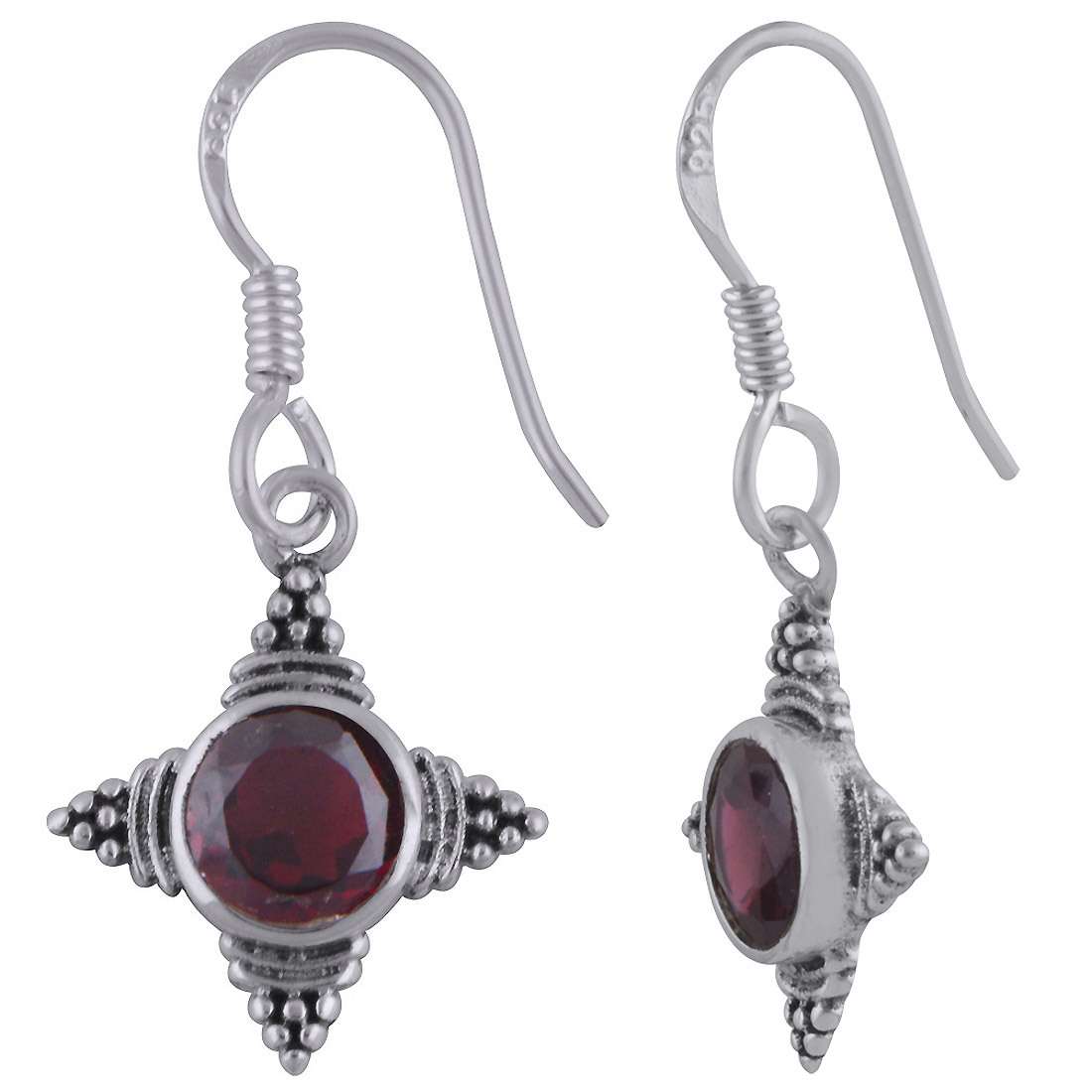 Garnet Natural Gemstone Dangle Earrings - 925 Sterling Silver 30mm Length X 14mm Width Handmade With Round Cut Stone Weighing 2.60 Grams