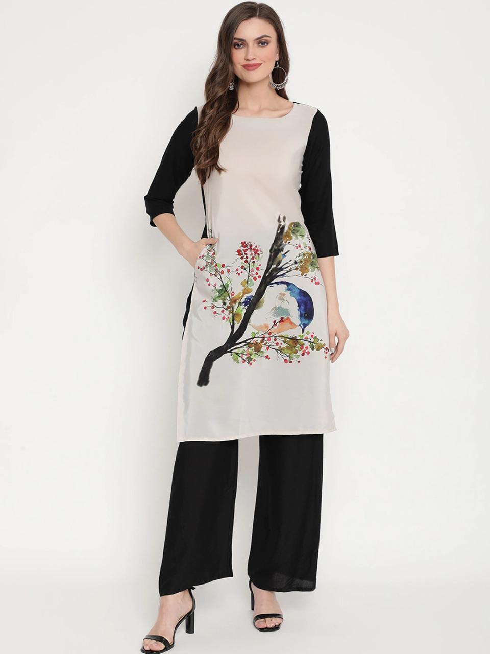 Off-white And Black Rayon Kurti