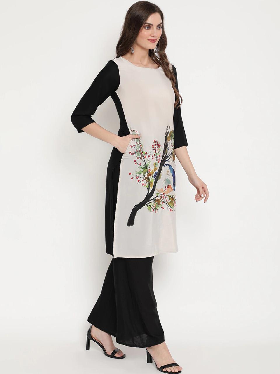 Off-white And Black Rayon Kurti