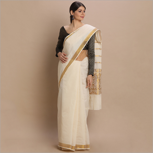 Off White Kerala Kasavu With Gold Zari Jacquard Pallu And Tissue Border Sarees