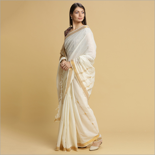 Off White Kerala Kasavu With 24 Inch Gold Zari Jacquard Pallu And Tissue Border Sarees