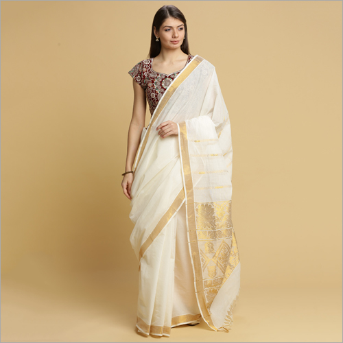 Cotton White Kerala Kasavu With 24 Inch Gold Zari Jacquard Pallu And Tissue Border Sarees