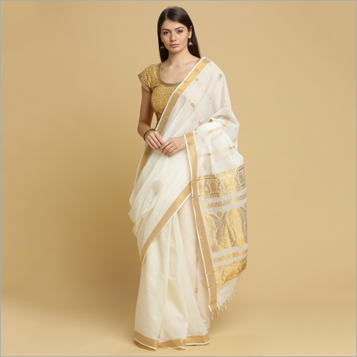 Off White Kerala Kasavu With 24 Inch Gold Zari Jacquard Pallu And Tissue Border Sarees