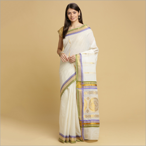 Off White Kerala Kasavu Saree With Butta Body And Gold Jacquard Pallu With Temple Border (Pink-Mustard)