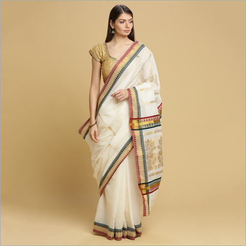 Off White Kerala Kasavu Saree With Butta Body And Gold Jacquard Pallu With Temple Green Red Border