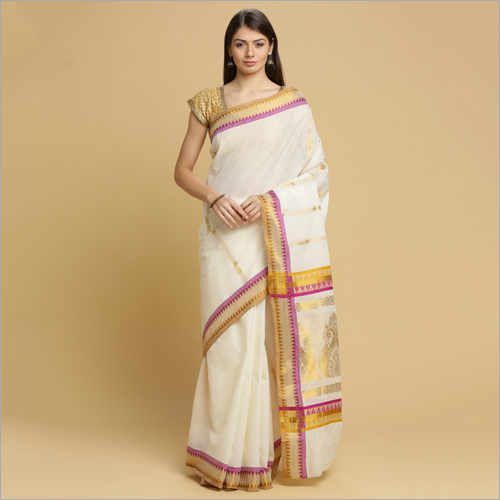 Off White Kerala Kasavu Sarees With Butta Body And Gold Jacquard Pallu With Temple Border