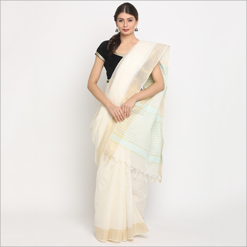 Off White Kerala Kasavu Gold Zari Tissue Saree With Tissue Border