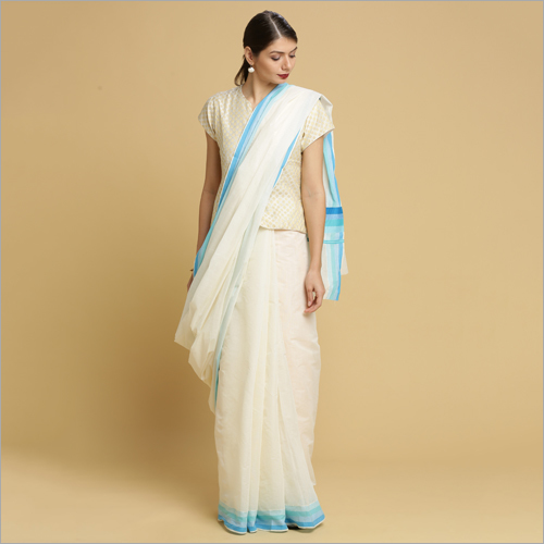 Off White Kerala Kasavu Sarees With Plain Body And Blue Thread Pallu