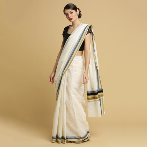 Off White Kerala Kasavu Sarees With Plain Body And Khaki Black Thread Pallu