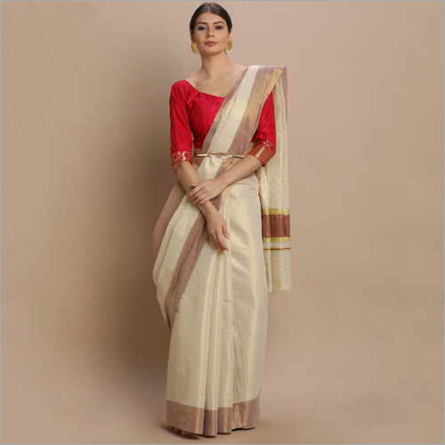 Off White Kerala Kasavu Sarees With Plain Gold Tissue Body And Maroon Thread Pallu