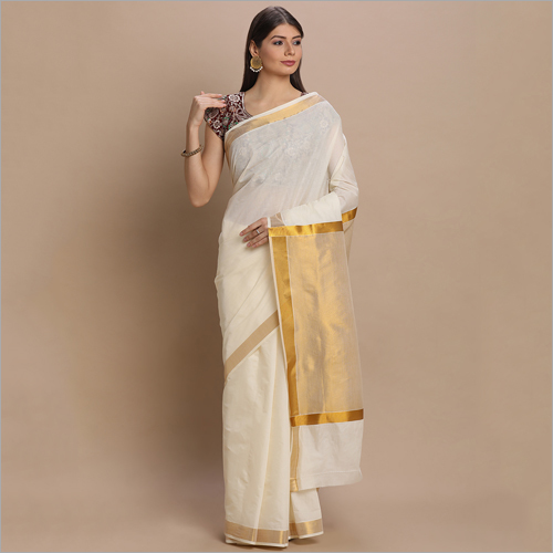 Off White Kerala Kasavu Sarees With Plain Body And Zari Tissue Pallu