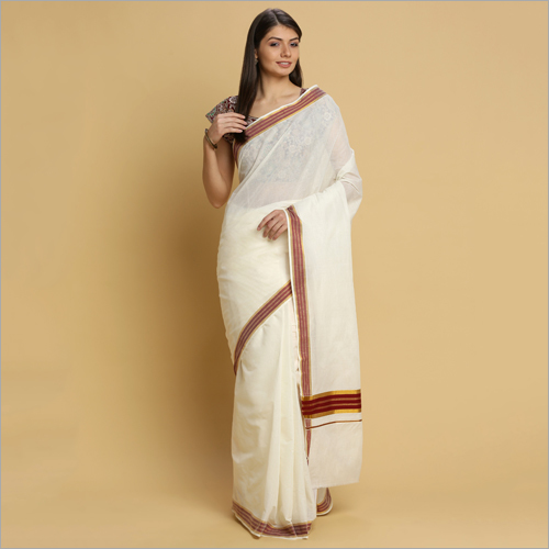 Off White Kerala Kasavu Sarees With Maroon Thread Pallu