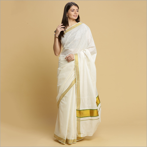 Off White Kerala Kasavu Sarees With Green Thread Pallu