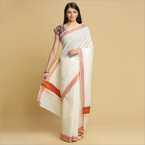 Off White Kerala Kasavu Sarees With Pink Thread Pallu