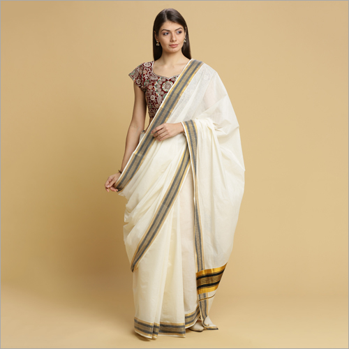 Cotton White Kerala Kasavu Sarees With Black Thread Pallu