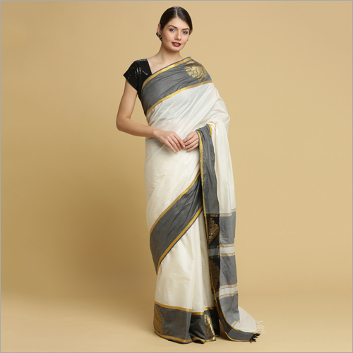 Kerala Kasavu Saree - Cotton Fabric, Off White Color with Black Jecord Border | Elegant Daily Wear, Ethnic Party Attire, Lightweight Drape