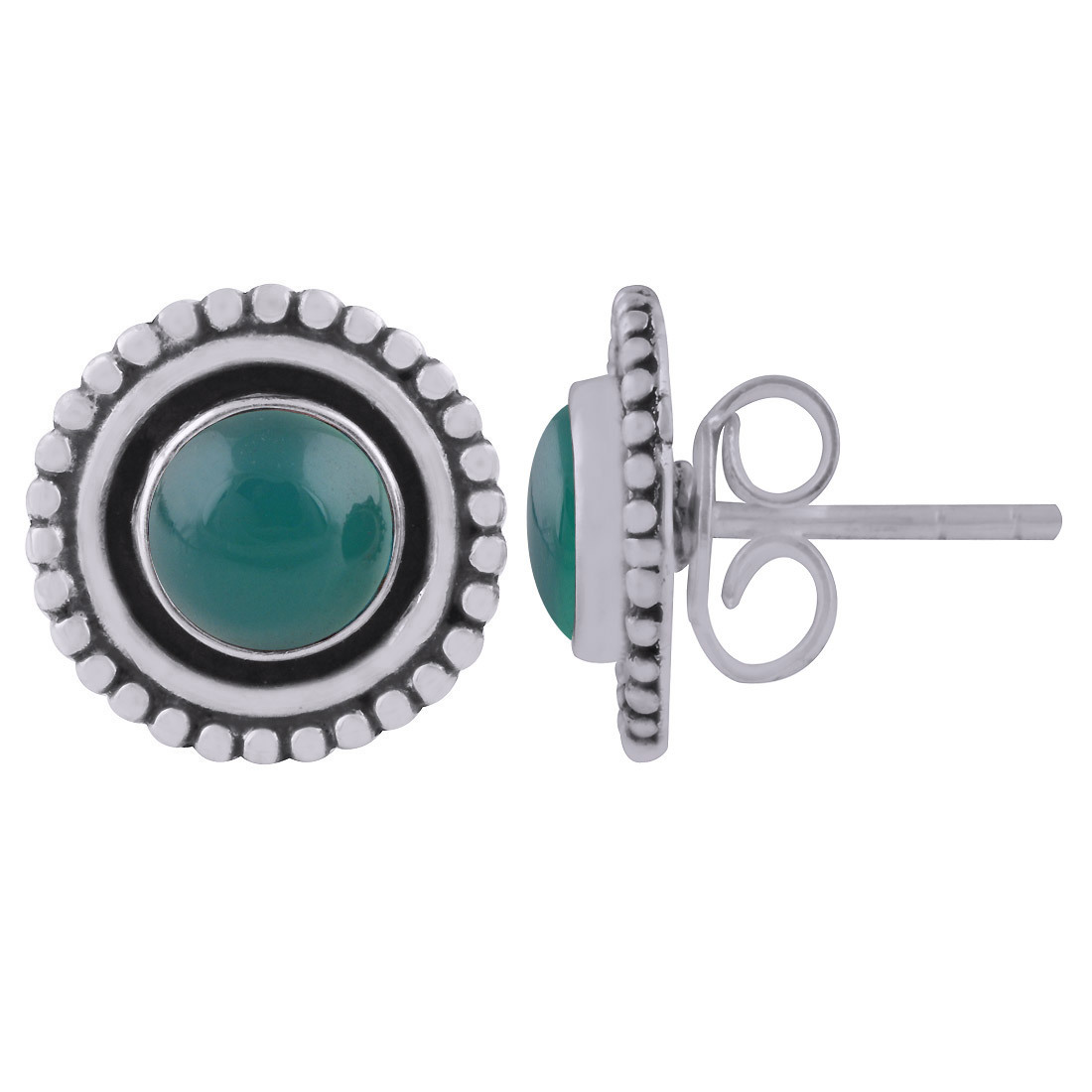 Green Onyx Natural Gemstone 925 Sterling Solid Silver Round Cabochon Stone Handmade Stud Earrings Size: Length: 12 Mm X Width: 12 Mm