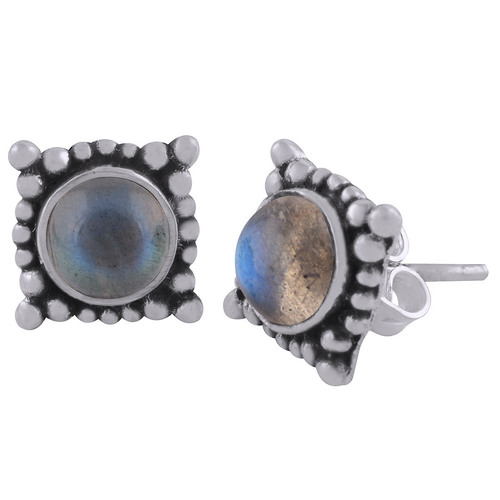 Labradorite Natural Gemstone 925 Sterling Solid Silver Round Cabochon Stone Handmade Stud Earrings Gender: Women