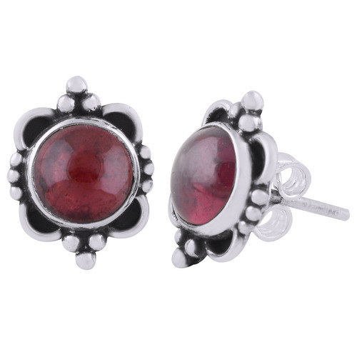 Garnet Natural Gemstone 925 Sterling Solid Silver Round Cabochon Stone Handmade Stud Earrings Size: Length: 13 Mm X Width: 10 Mm