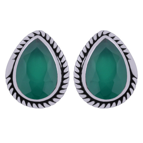 Green Onyx Natural Gemstone Stud Earrings - 925 Sterling Silver, Pear Cut Design, Handmade, Ideal For Weddings And Anniversaries