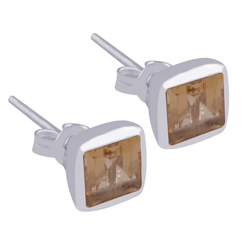 Citrine Natural Gemstone 925 Sterling Solid Silver Square Cut Stone Handmade Stud Earrings Gender: Women