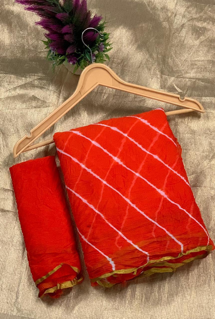 Bandhej Saree - Pure Najnin Silk, Customized Size | Breathable, Washable Fabric With Golden Pata Border, Casual Dress Type