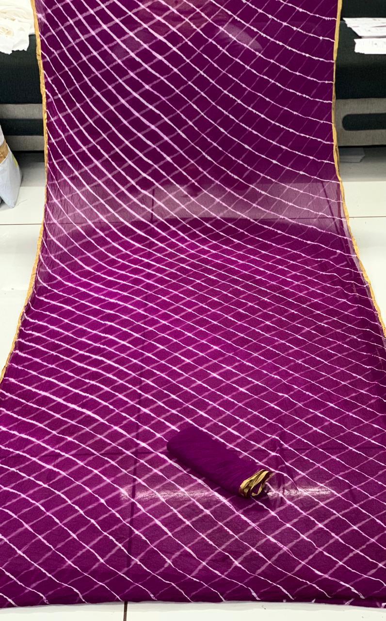 Bandhej Saree - Pure Najnin Silk, Customized Size | Breathable, Washable Fabric With Golden Pata Border, Casual Dress Type